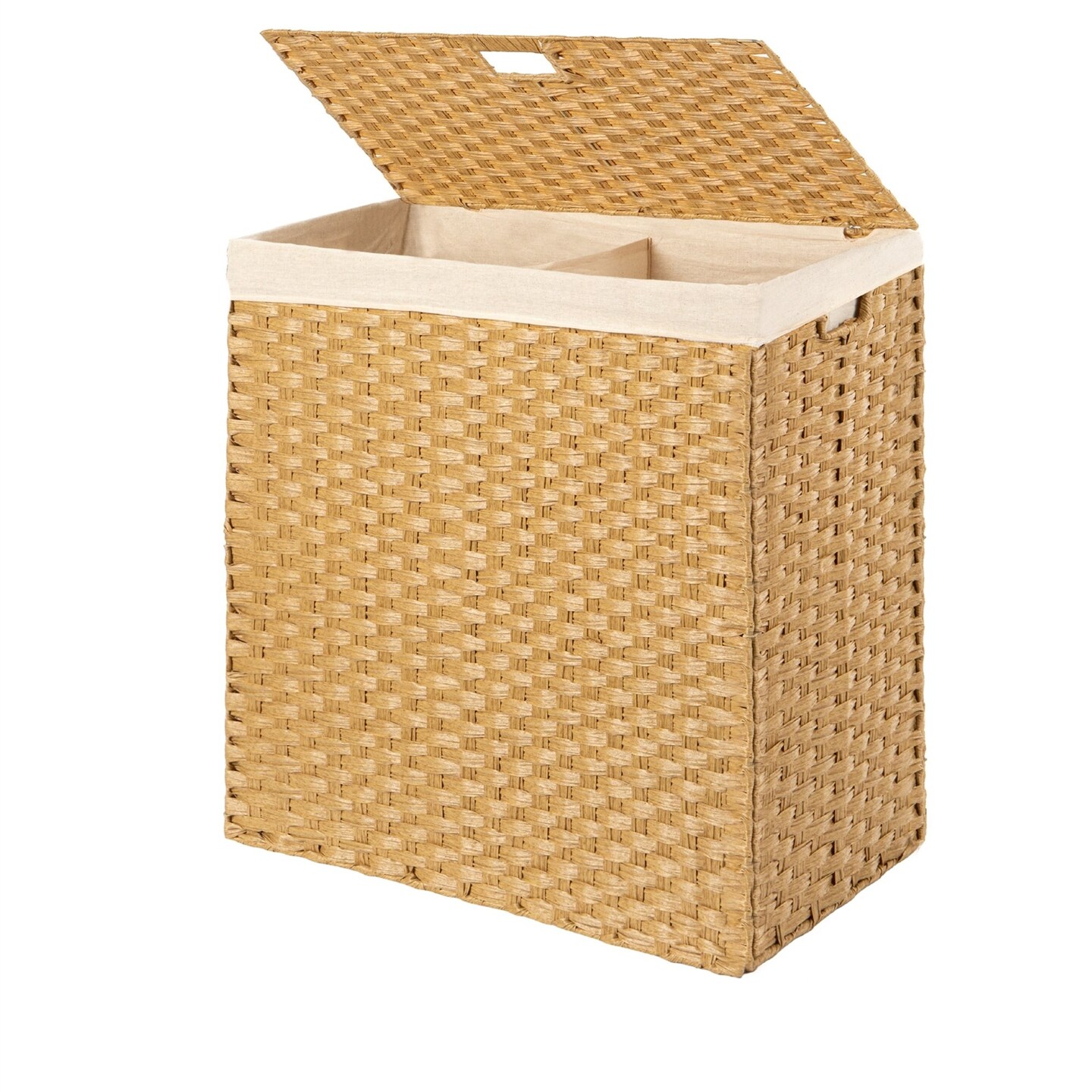 Natural Wicker Folding Laundry Hamper with 2 Bins and Linen Liner