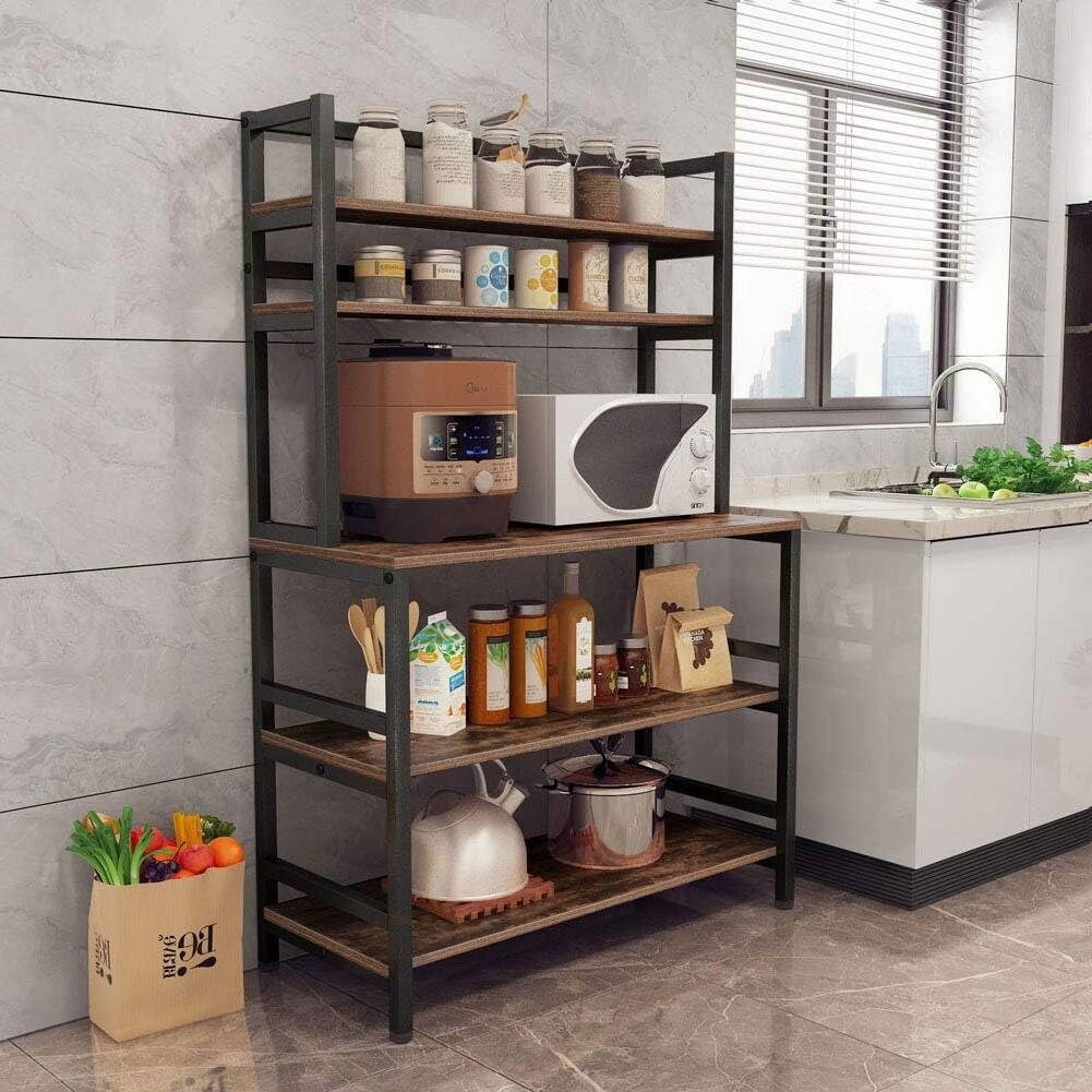 Rustic Brown Wood and Metal Kitchen Baker’s Rack with 5 Shelves and Large Countertop