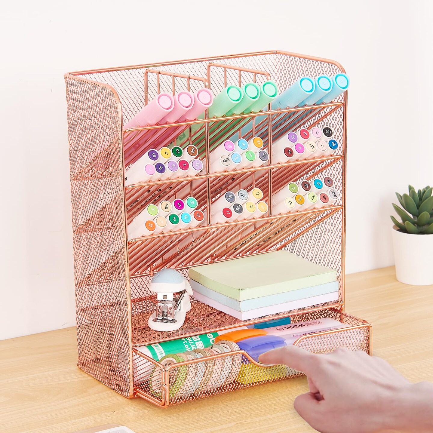 Spacrea Pen Holder Desk Organizer - Desk Organizers and Accessories, Pencil Holder with 10 Compartments and 1 Drawer&#xFF08;Rose Gold&#xFF09;