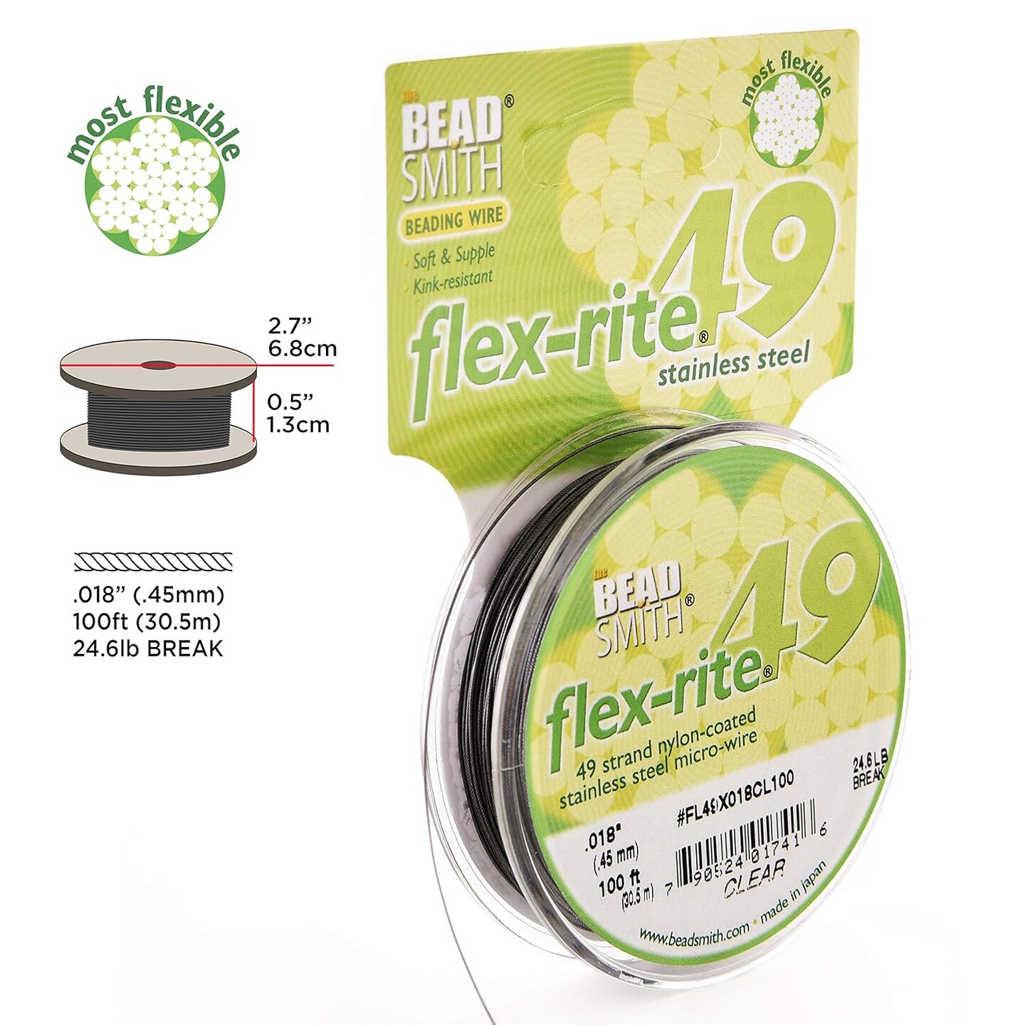 The Beadsmith Flex-Rite Beading Wire - Stainless Steel Micro Flexible Wire, 49 Strand, Clear Color, .018" Diameter, 100-Foot Spool, Nylon Coated