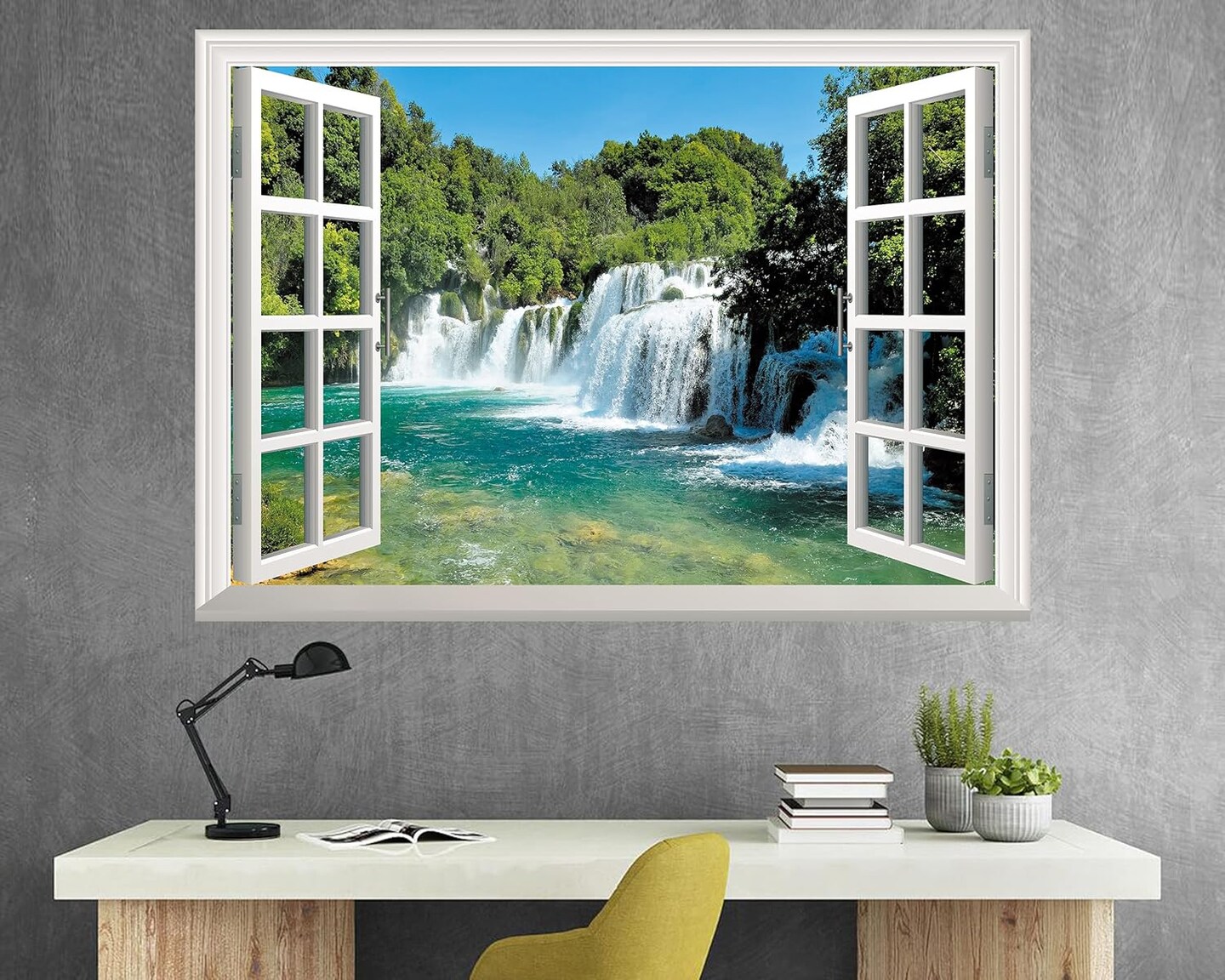 Set of 2 Sheets -Fake Window Wall Sticker - Waterfall Faux Window Wall Mural,48&#x22;x32&#x22;