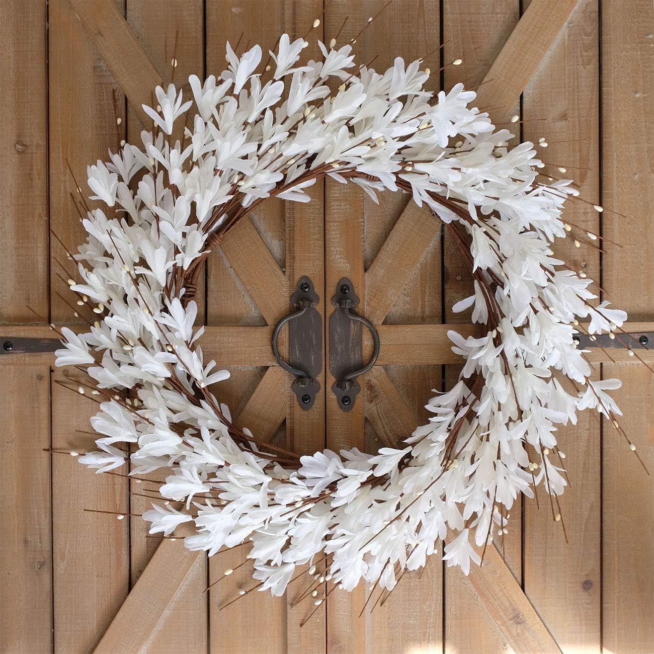 20inch Artificial Forsythia Flower Wreath Spring Summer Fall Wreath Silk Leaves Wreath for Front Door Wreath Porch Farmhouse Patio Garden Home Decor (White)