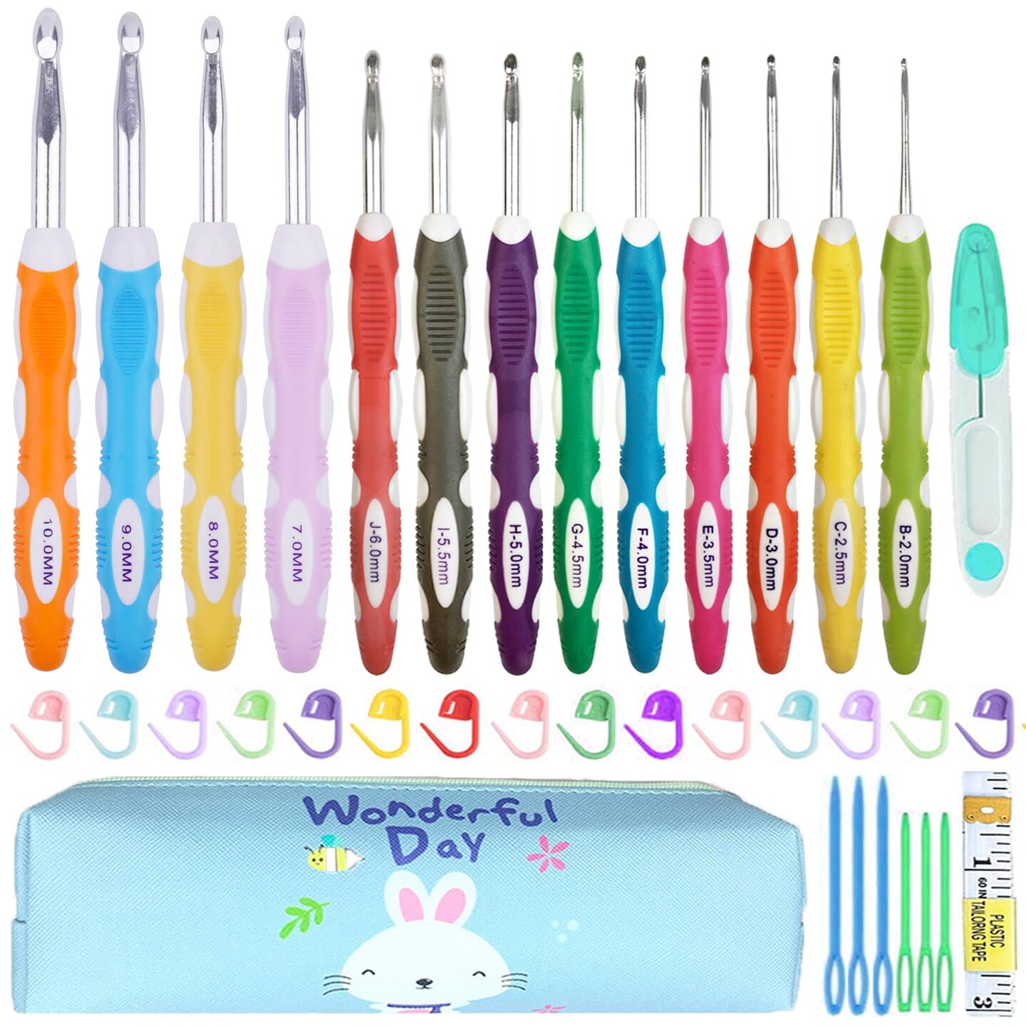 13 Size Crochet Hook Set,2mm(B)-10mm(N) Ergonomic Crochet Hooks with Case,Extra Long for Arthric Hands,Soft Grip Crochet Hooks Needles for Beginners&Gift