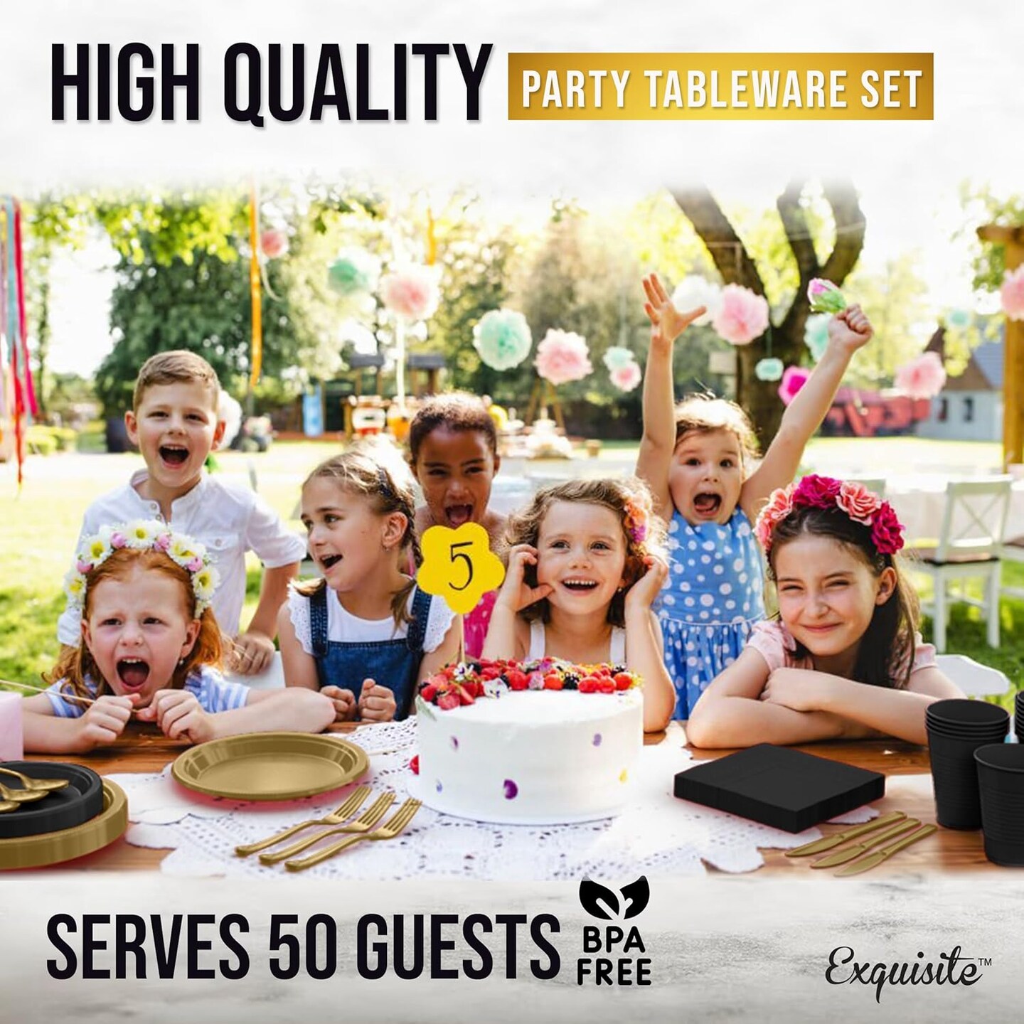 Exquisite 350 Pcs Plastic Plates for Party – Disposable Plates Set – 50 Each of 9" Dinner Plates, 7" Dessert Plates, Plastic Cups, Napkins & Plastic Cutlery – Plastic Dinnerware by Party Solids