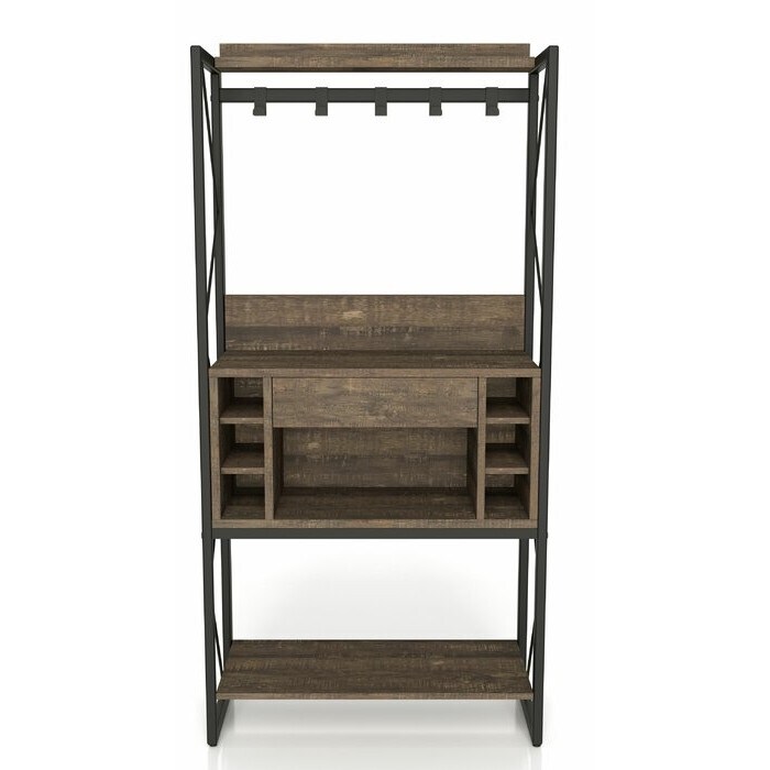 Oak Farmhouse Backer's Wine Rack with Iron Frame, Adjustable Hooks and 6 Bottle Storage