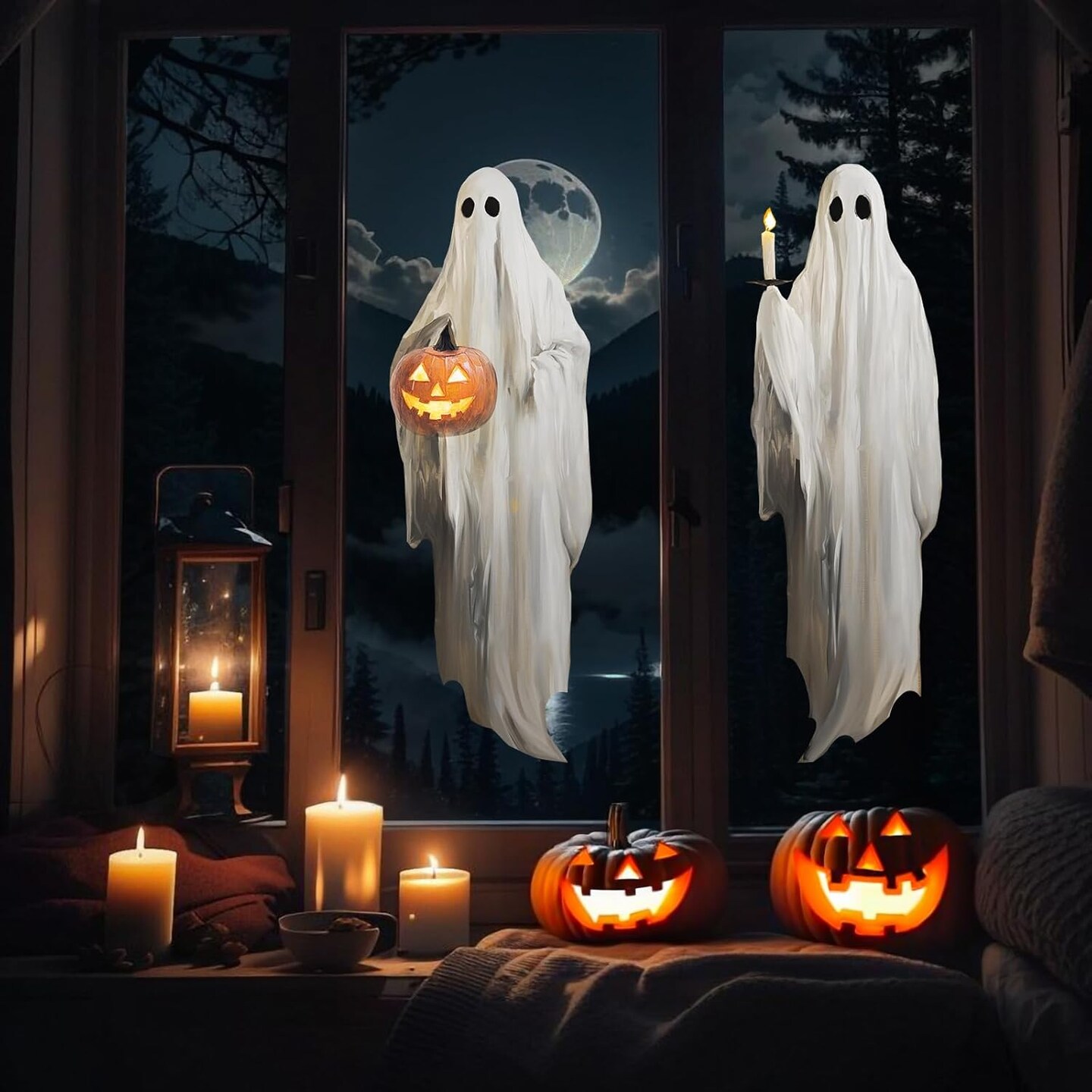 3pcs Extra Large Scary White Ghosts with Pumpkin Window Decals