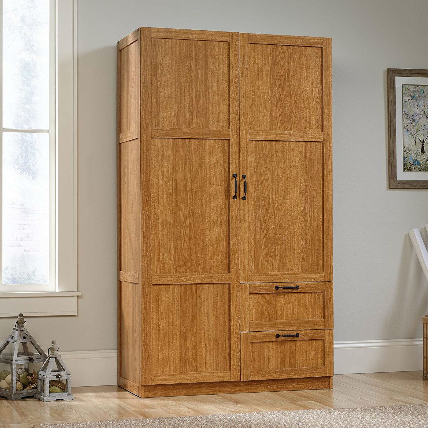 Bedroom Wardrobe Closet Storage Cabinet in Medium Oak with Hanging Rod Shelves and Drawers