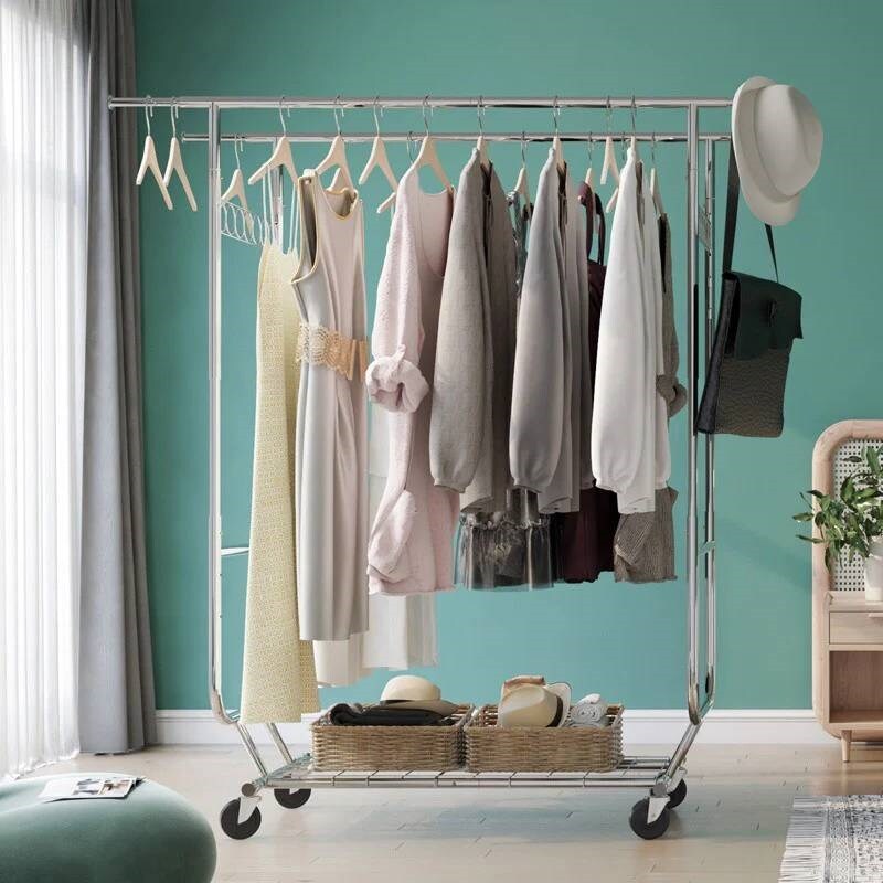 Silver Metal Double Bar Garment Rack with Wheels and Adjustable Height