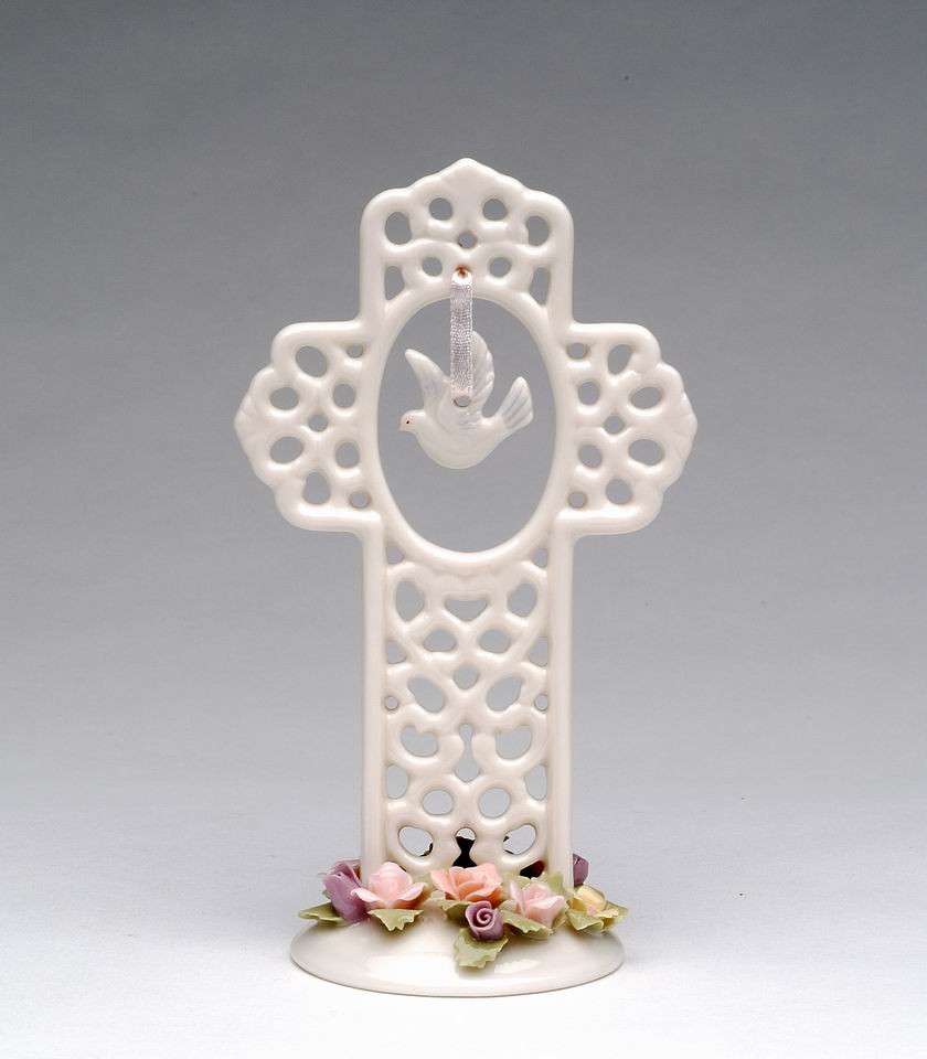 Ceramic Cross with Dove Bird and Flowers Figurine, Christmas Décor, Religious Décor, Religious Gift, Church Décor, Baptism Gift