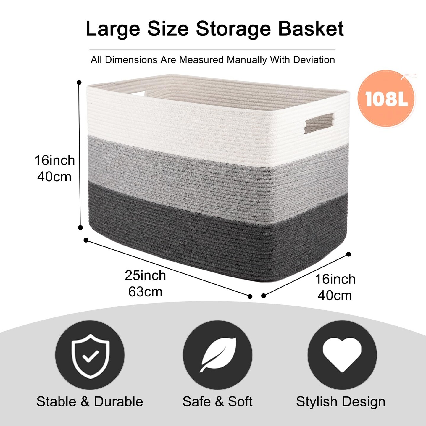 OIAHOMY 108L Super Large Blanket Basket, 25”x16”x16” Rectangle Woven Baskets for Storage, Cotton Rope Basket For Living Room, Toy Storage with Handle- Gradient Dark Grey