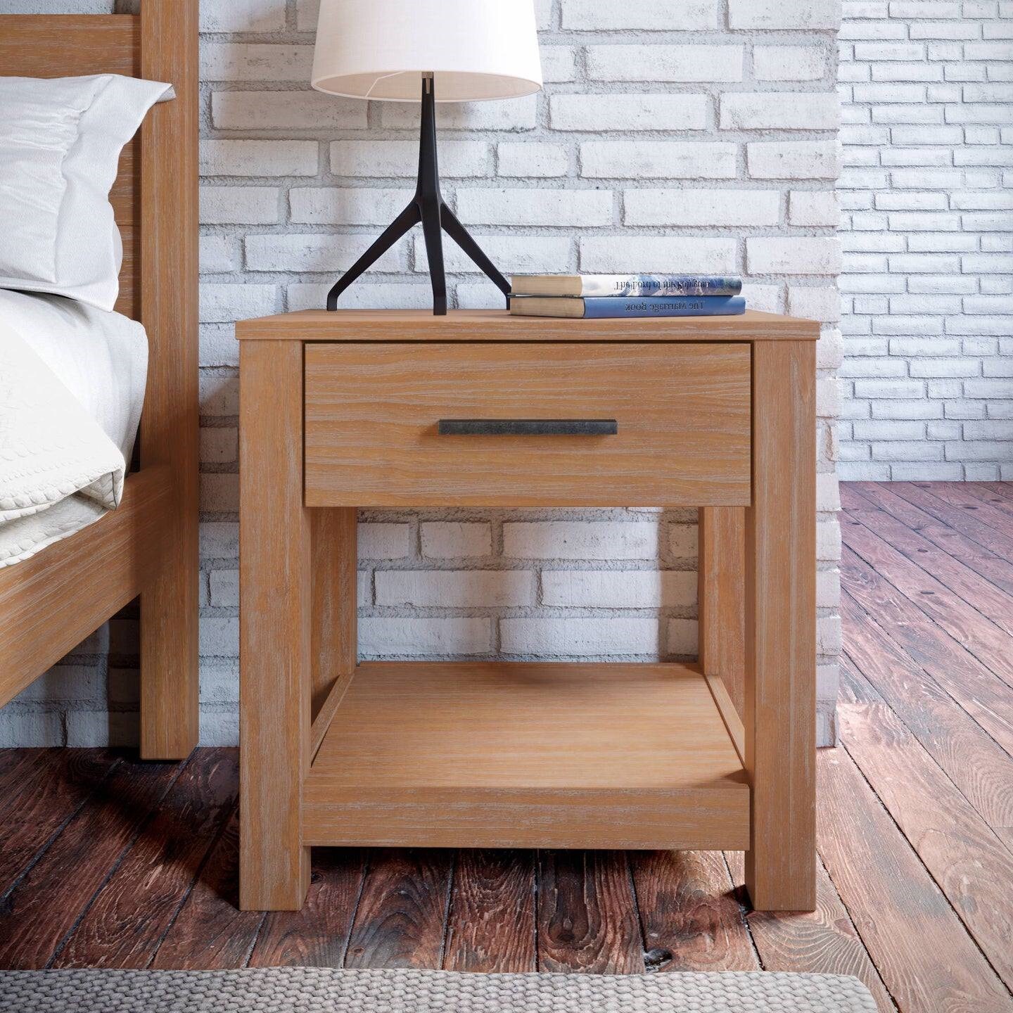 Rustic Pine Solid Wood Nightstand with Drawer and Metal Accents 22 Inch Low Profile Bedside Table