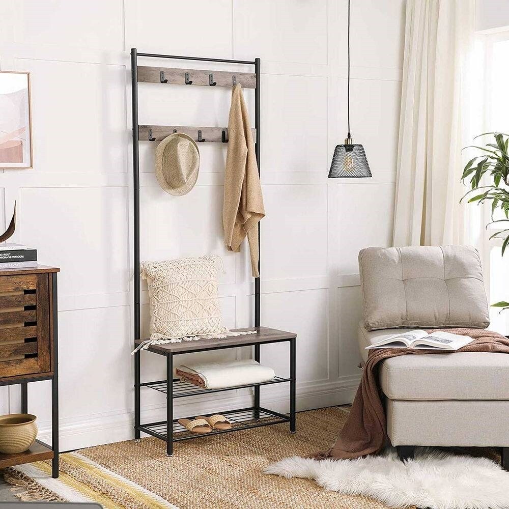 Greige Modern Entryway Coat Rack with Shoe Storage Bench 9 Hooks and Black Steel Frame