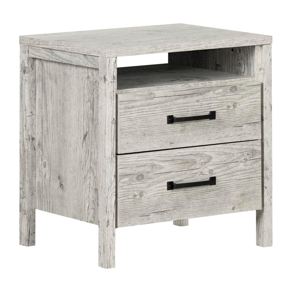 Modern Washed Pine Wood 2 Drawer End Table Nightstand with Open Cubby Shelf for Bedroom