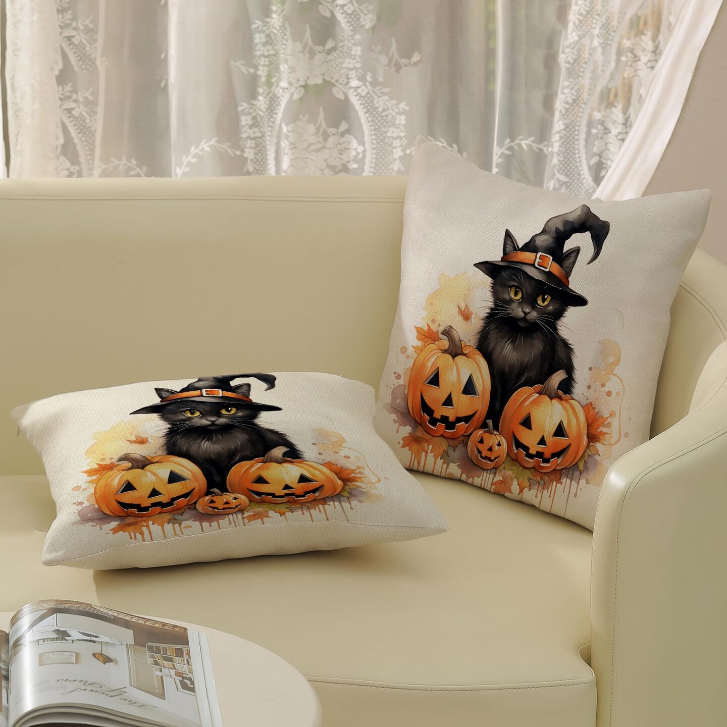 Halloween Pillow Covers 24x24 Set of 2 Black Cat Pumpkin Pillowcase Halloween Decorations Outdoor Throw Pillow Covers Linen Farmhouse Fall Thanksgiving Decor Cushion Case for Couch Home Sofa