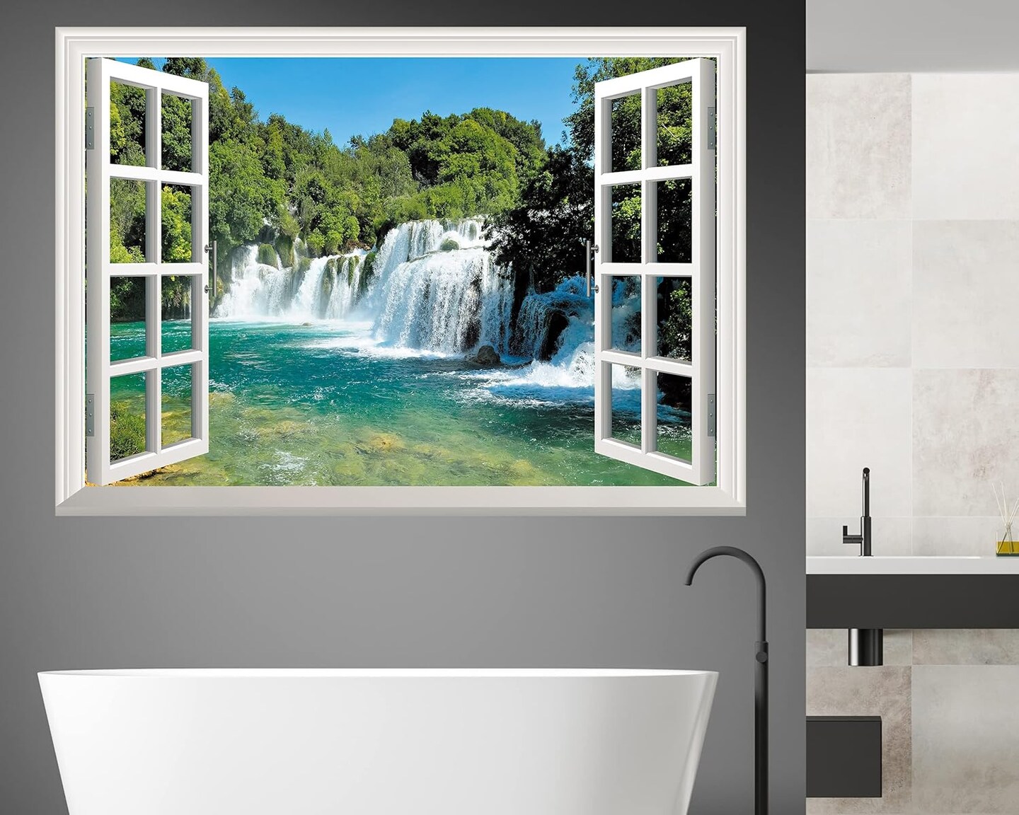 Set of 2 Sheets -Fake Window Wall Sticker - Waterfall Faux Window Wall Mural,48&#x22;x32&#x22;