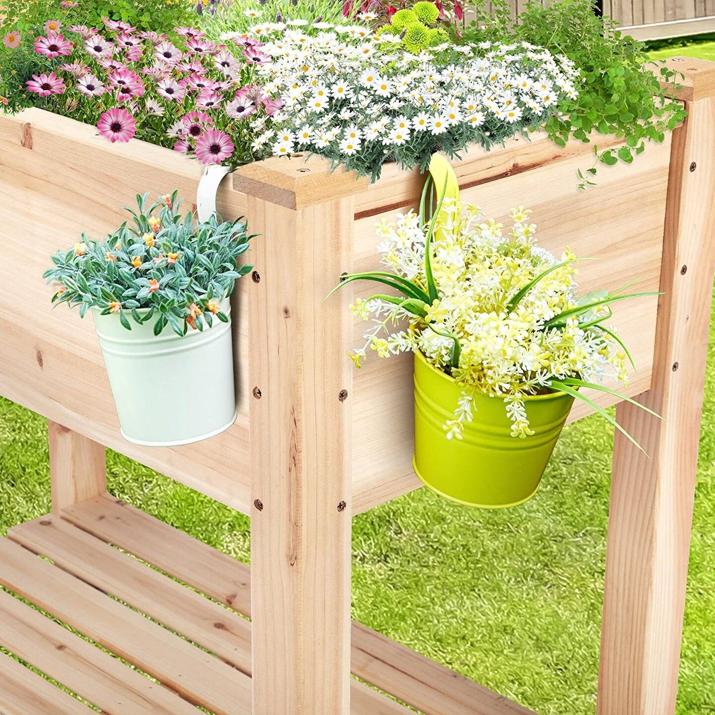 Natural Wood 2-Tier Raised Garden Bed with Storage Shelf and Drainage