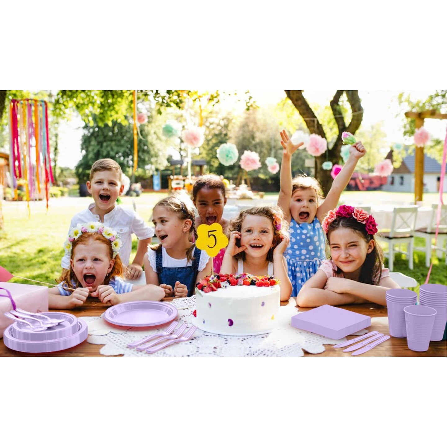 Exquisite 350 Pcs Plastic Plates for Party – Disposable Plates Set – 50 Each of 9" Dinner Plates, 7" Dessert Plates, Plastic Cups, Napkins & Plastic Cutlery – Plastic Dinnerware by Party Solids