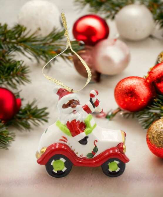 Ceramic African American Santa Driving A Car Ornament, Home D&#xE9;cor, Gift for Her, Mom, Him, Dad, Christmas tree D&#xE9;cor, Wall Decor