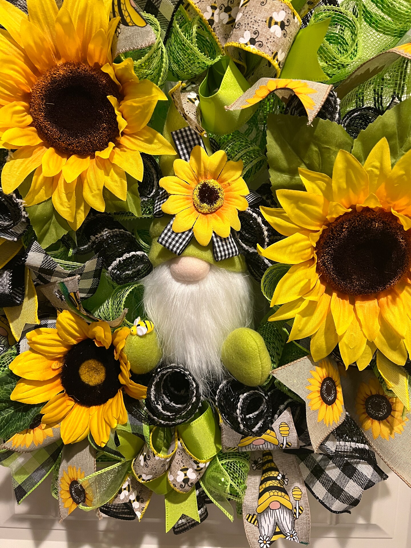 Summer Sunflower Ribbon Wreath Gnome Handmade 22 inches Diam. W7