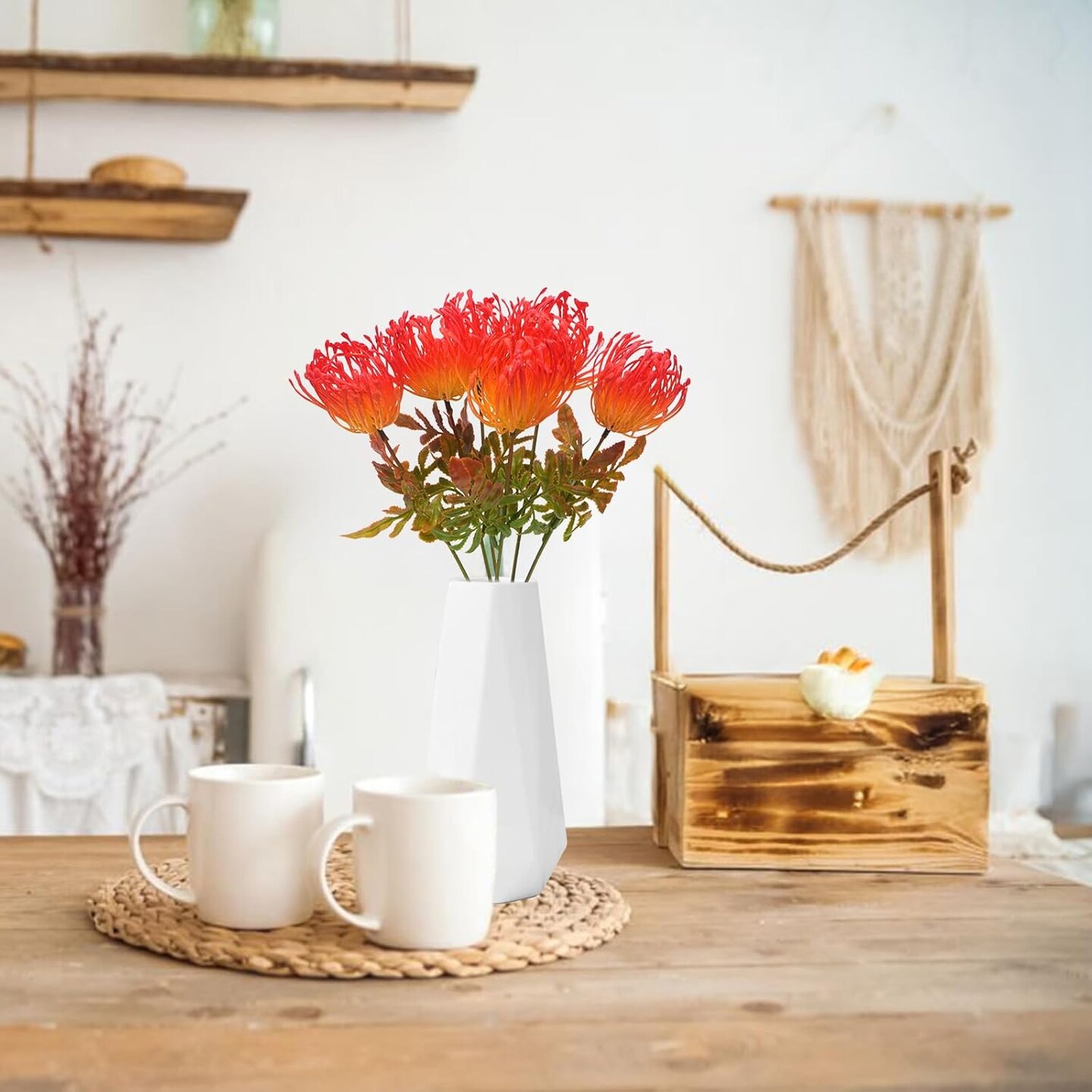 6 PCS Tropical Artificial Protea & Spider Mum Flowers - UV Resistant Fake Plastic Flowers for Outdoor Porch, Kitchen Table Centerpieces, and Exotic Home Office Decor - Faux Summer Floral Stems