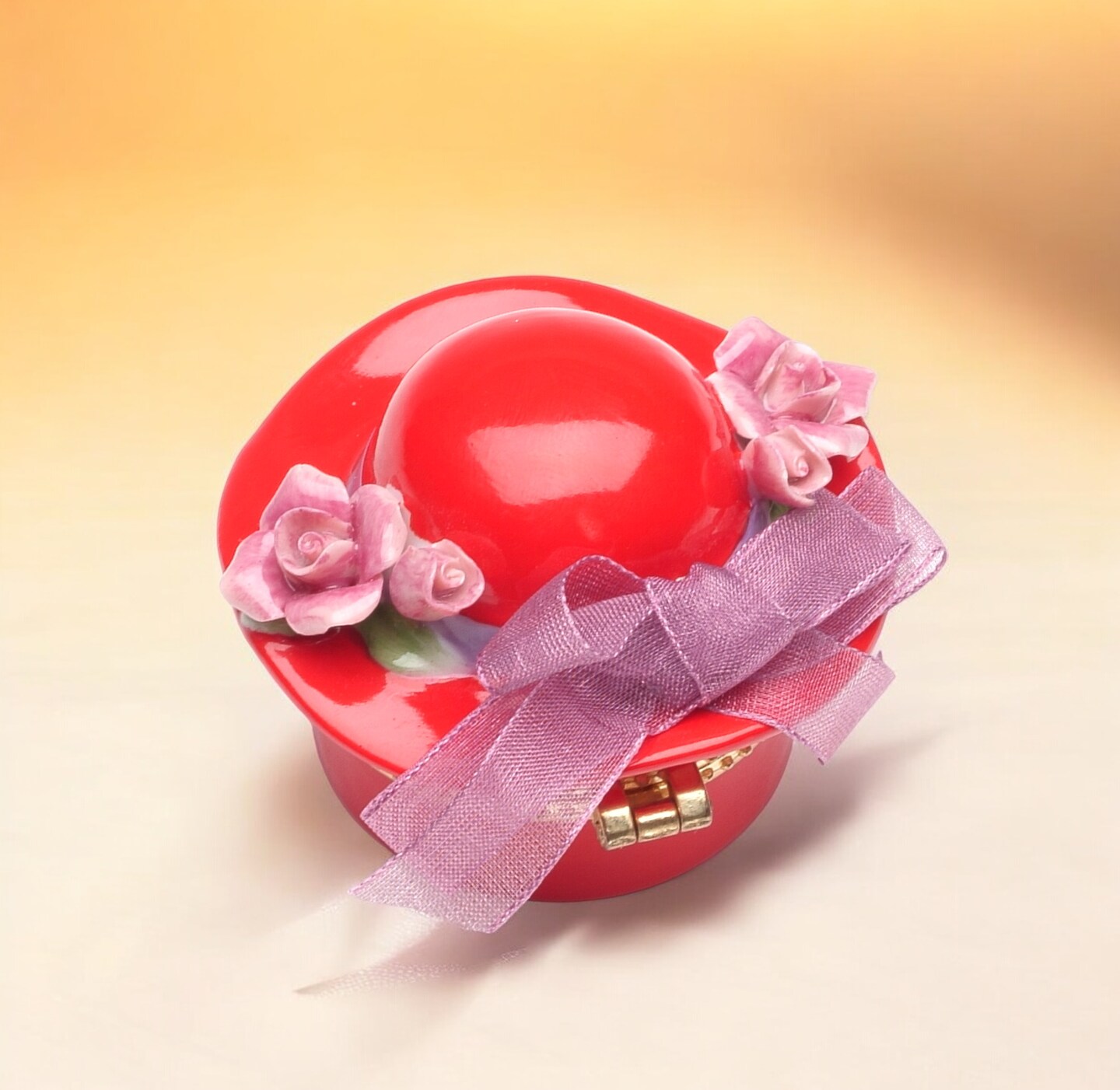 Ceramic Red Hat with Pink Rose Flowers and Bow Tie Hinge Box, Vanity Decor, Gift for Her, Gift for Mom