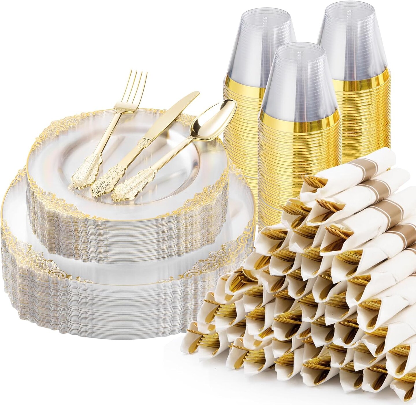 350PCS Silver Disposable Dinnerware Set – Plates, Cutlery, Cups & Napkins for 50 Guests