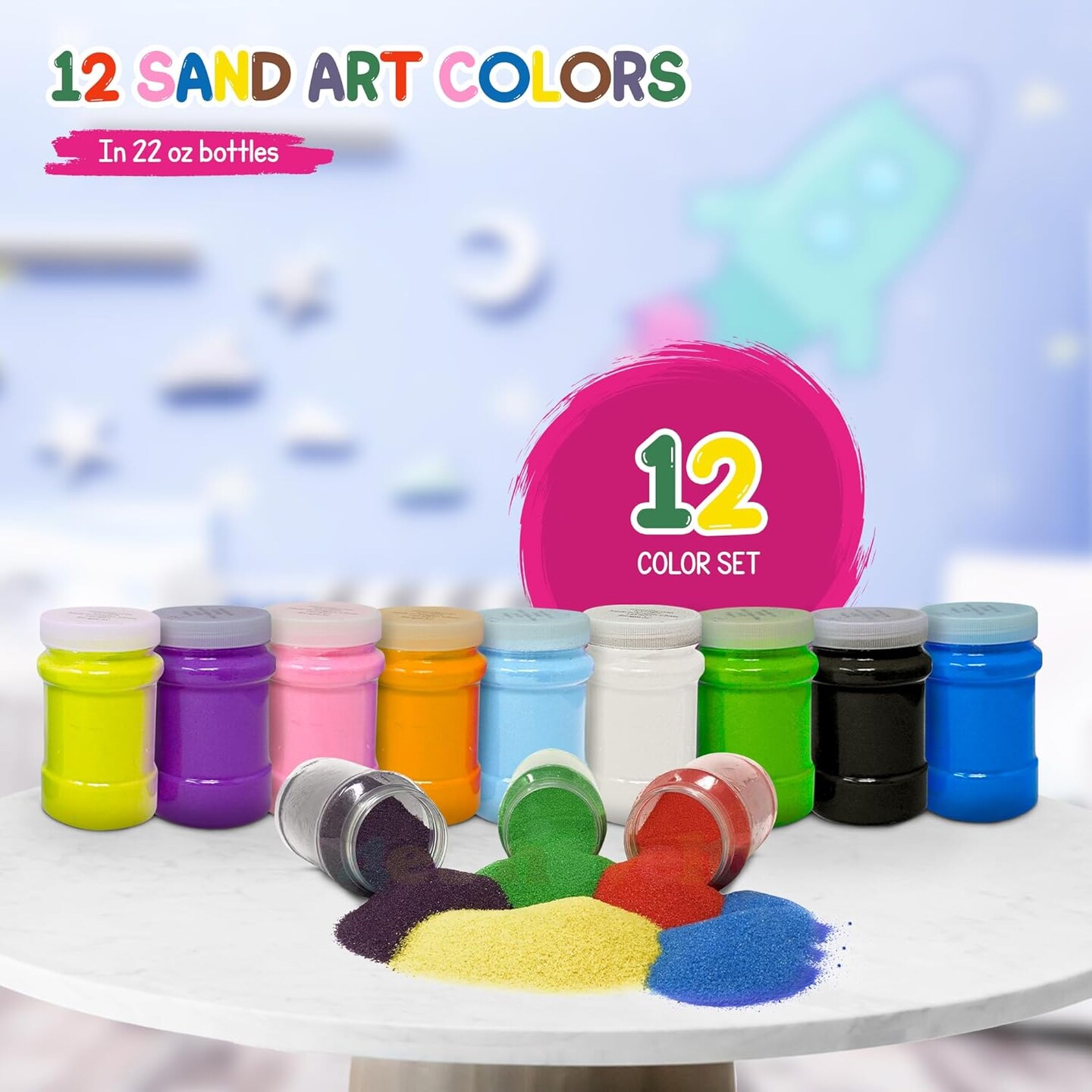 4E&#x27;s Novelty 16.5 Pound Colored Sand for Crafts, 12 Sand Art Colors 22 oz Each, Non-Toxic Craft Sand Colored with Storage Container, Non Toxic Creative Art Tool Color Sands for Kids Ideal Ages 3+
