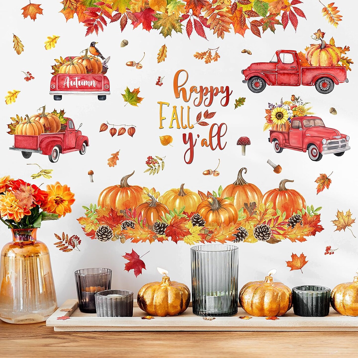 Happy Fall Yall Wall Decals Trucks Autumn Pumpkin Maple Wall Stickers