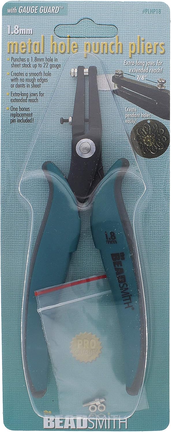 The Beadsmith 1.8mm Metal Hole Punch, with Gauge Guard to create clean holes, free of indents, ideal for 1.3mm rivets, cold connection, 22 gauge Sheet Metal or thinner, NOT INTENDED FOR THICKER METAL