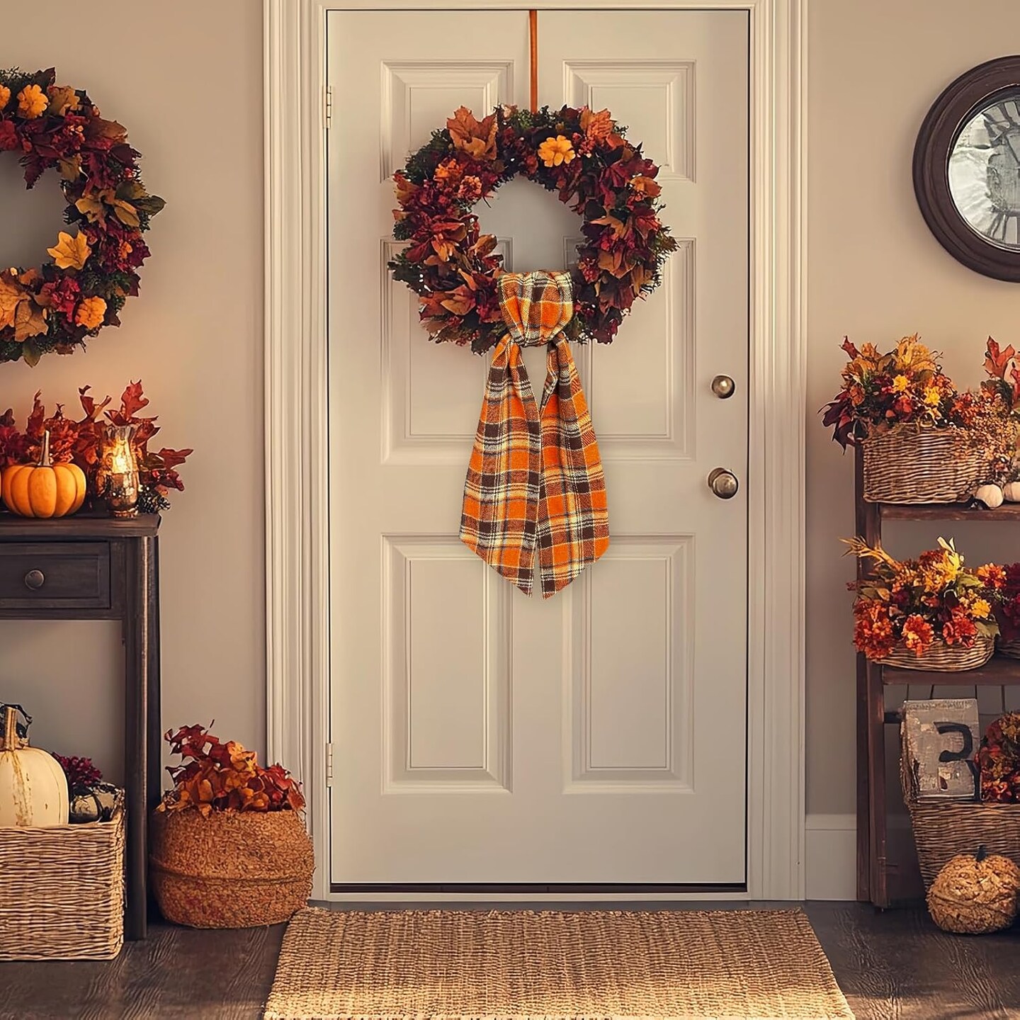 Autumn Buffalo Plaid Cotton Wreath Sash for Front Door Fall Wreaths