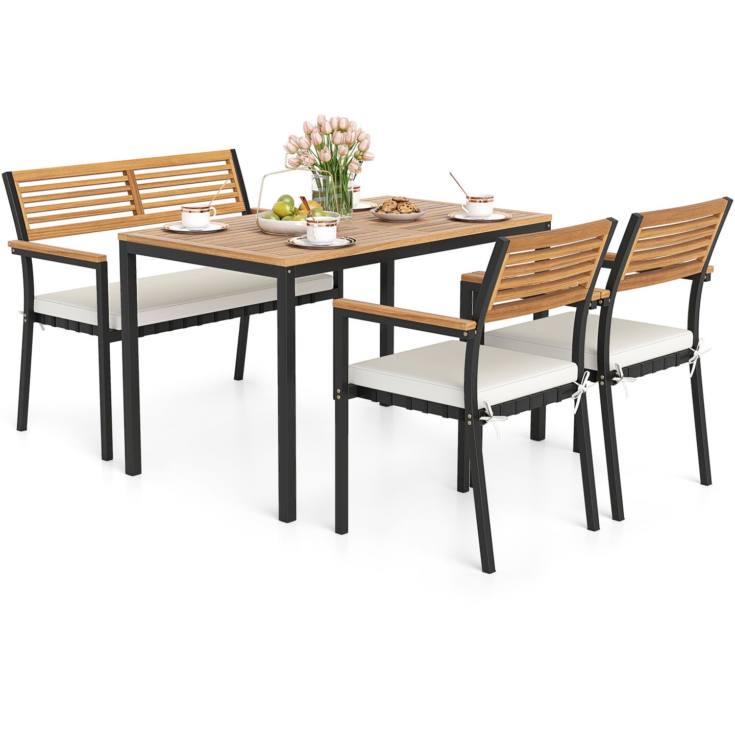 Costway 4 PCS Patio Furniture Set with Acacia Wood & Metal Frame Umbrella 1 table