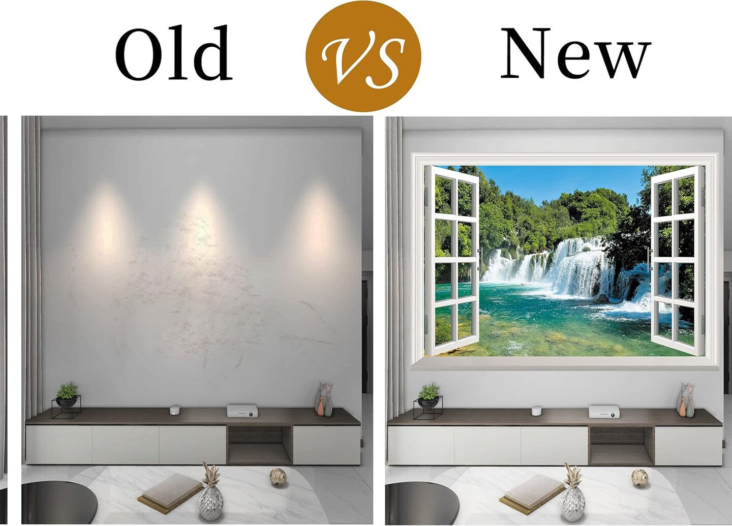 Set of 2 Sheets -Fake Window Wall Sticker - Waterfall Faux Window Wall Mural,48&#x22;x32&#x22;