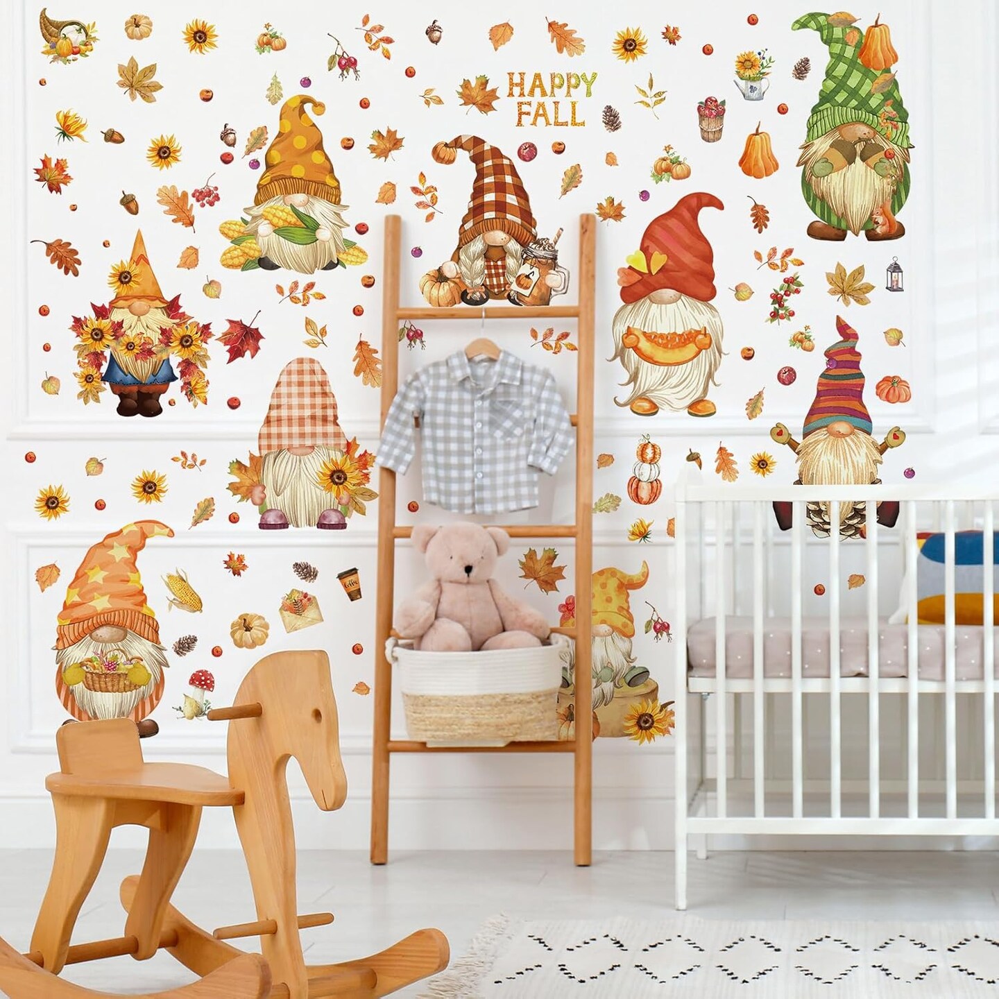 9 Sheet -Fall Wall Stickers Watercolor Gnomes Wall Art Decals Colorful Maple Leaves