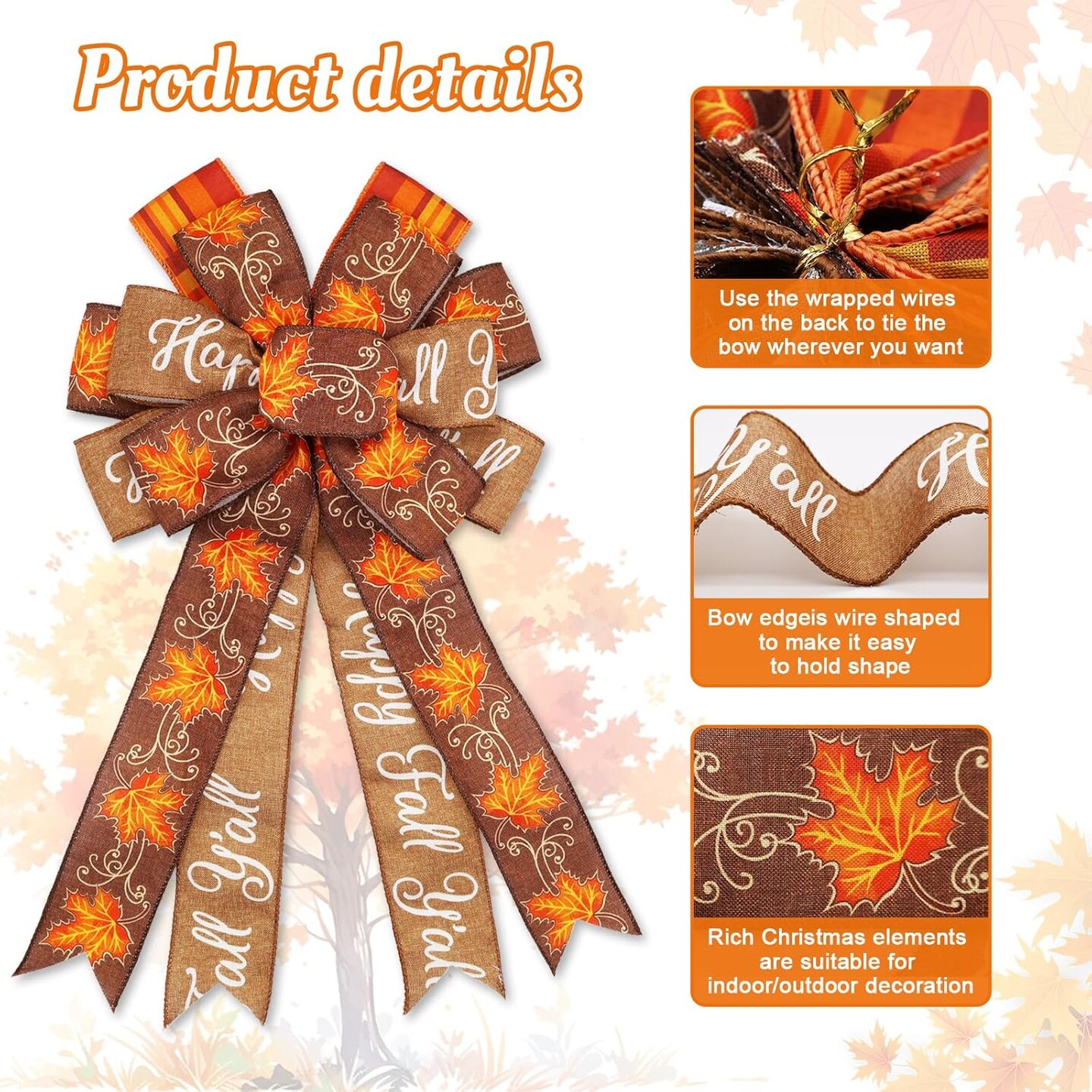 Large Fall Bows for Wreath 20x11 Inch, 2 Pack Pre-Tied Thanksgiving Wired Ribbon, Decorative Autumn Tree Topper Bow for Front Door Indoor Outdoor Harvest Decorations (Flaxen, Maple)