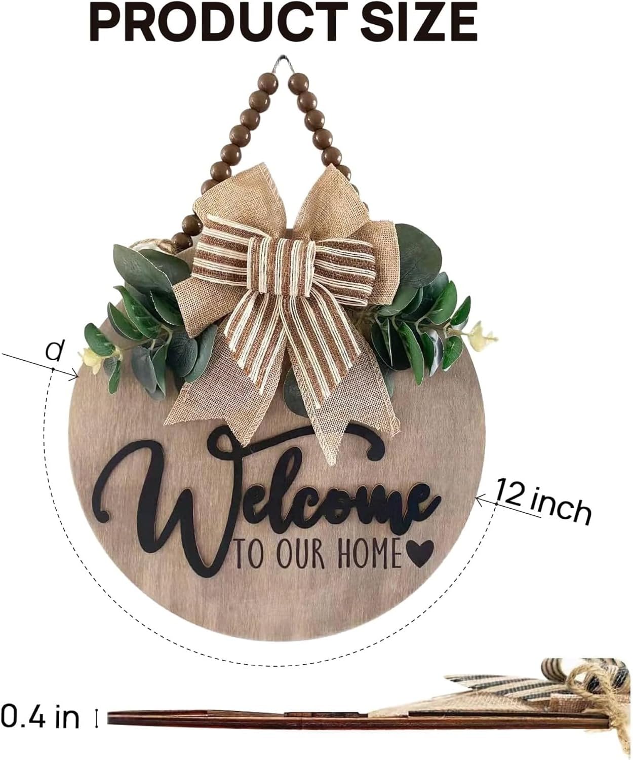 3D Welcome Sign for Front Door | Home/Farmhouse Porch D&#xE9;cor Wooden Hanging Sign with Artificial Leaves and Rustic Beads | Christmas Classroom |12&#x22; Round