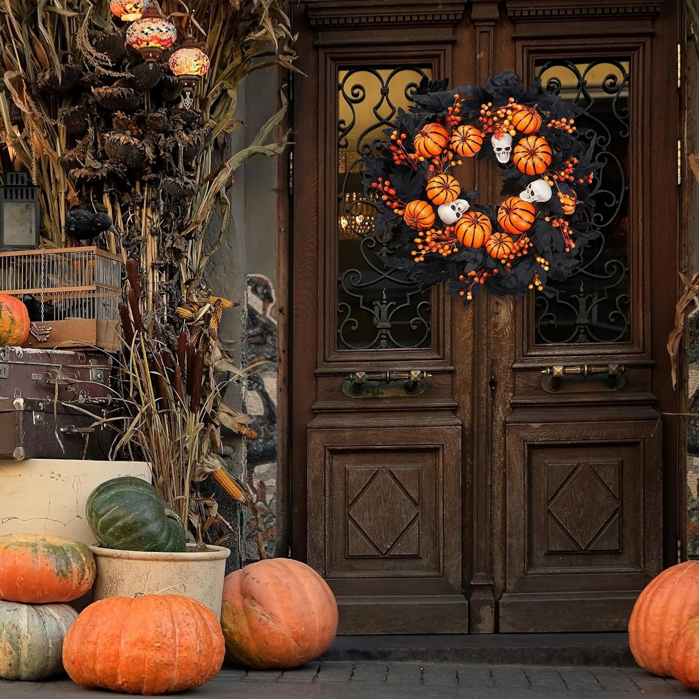 Halloween Wreath with Artificial Pumpkin Handmade Black Maple Leave Skull Pumpkin Orange Berries 20&#x27;&#x27;Front Door Decorations for Indoor Outdoor Home Halloween Festival Decoration