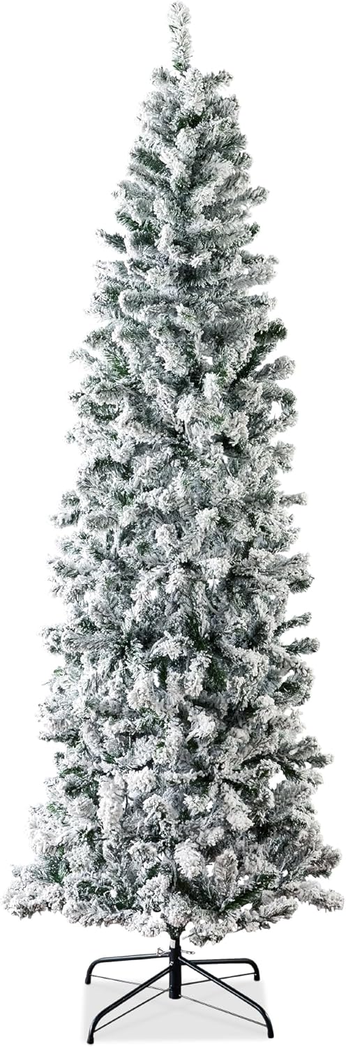 Flocked Pencil Christmas Tree Unlit Slim Artificial Tree with Snowy Finish &#x26; Foldable Base