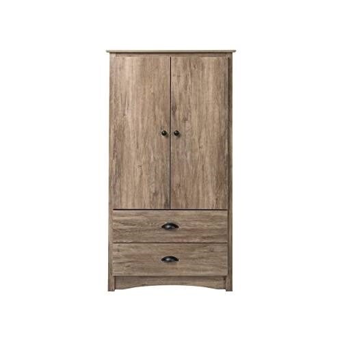 Rustic Grey Oak 2-Drawer Armoire Wardrobe Cabinet with Adjustable Shelves and Hanging Storage