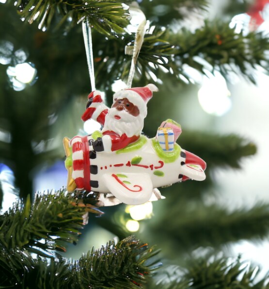 Ceramic African American Santa Flying Airplane Ornament, Gift for Pilot, Home D&#xE9;cor, Gift for Her, Mom, Kitchen D&#xE9;cor, Christmas D&#xE9;cor
