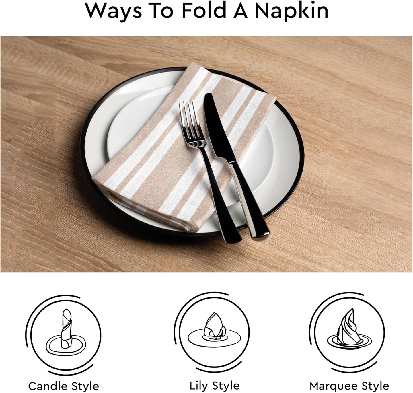 Set of 6 Cotton Cloth Napkins, 17×17 in, Beige Stripes, Washable & Reusable