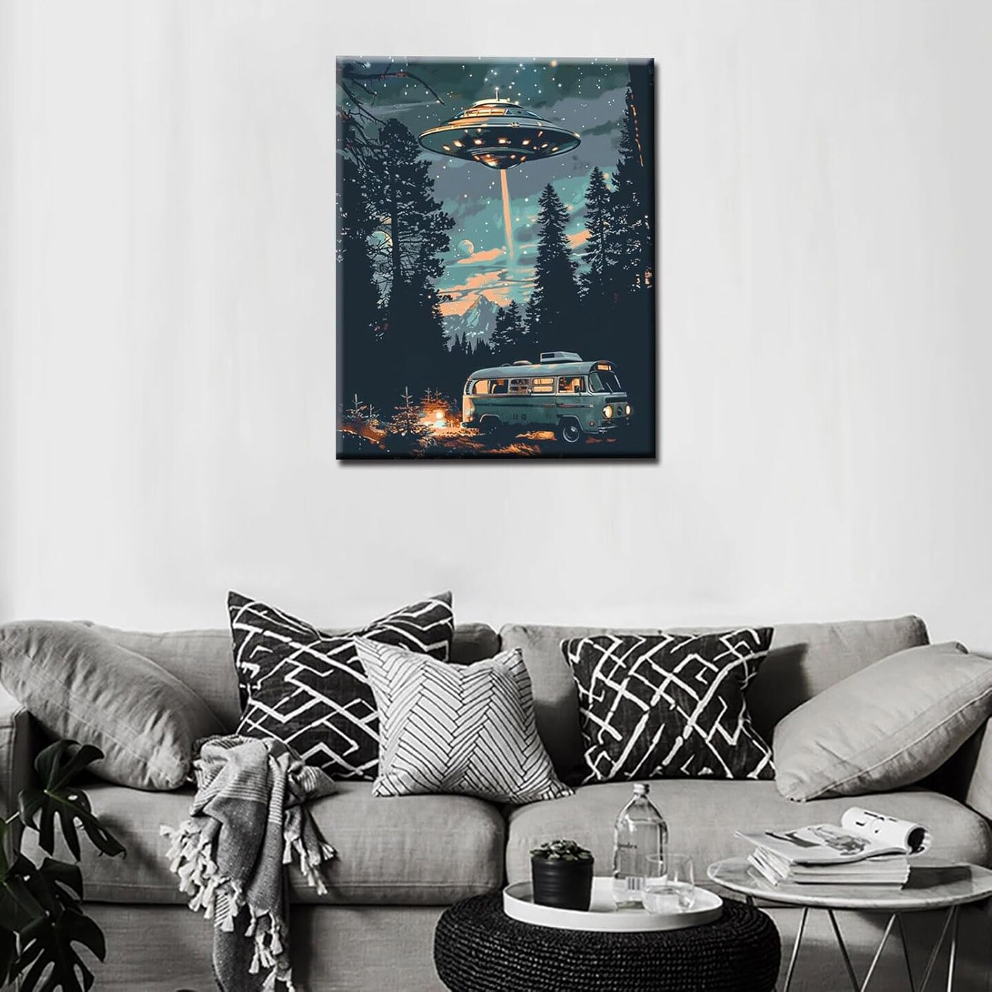 Starry UFO DIY Paint by Numbers for Adults Bus in Forest DIY Oil Painting Acrylic Paint Art Moon Stars Painting Kits Canvas with Acrylic Paint UFO Fantasy Decor 16x20 Inch (Without Frame )