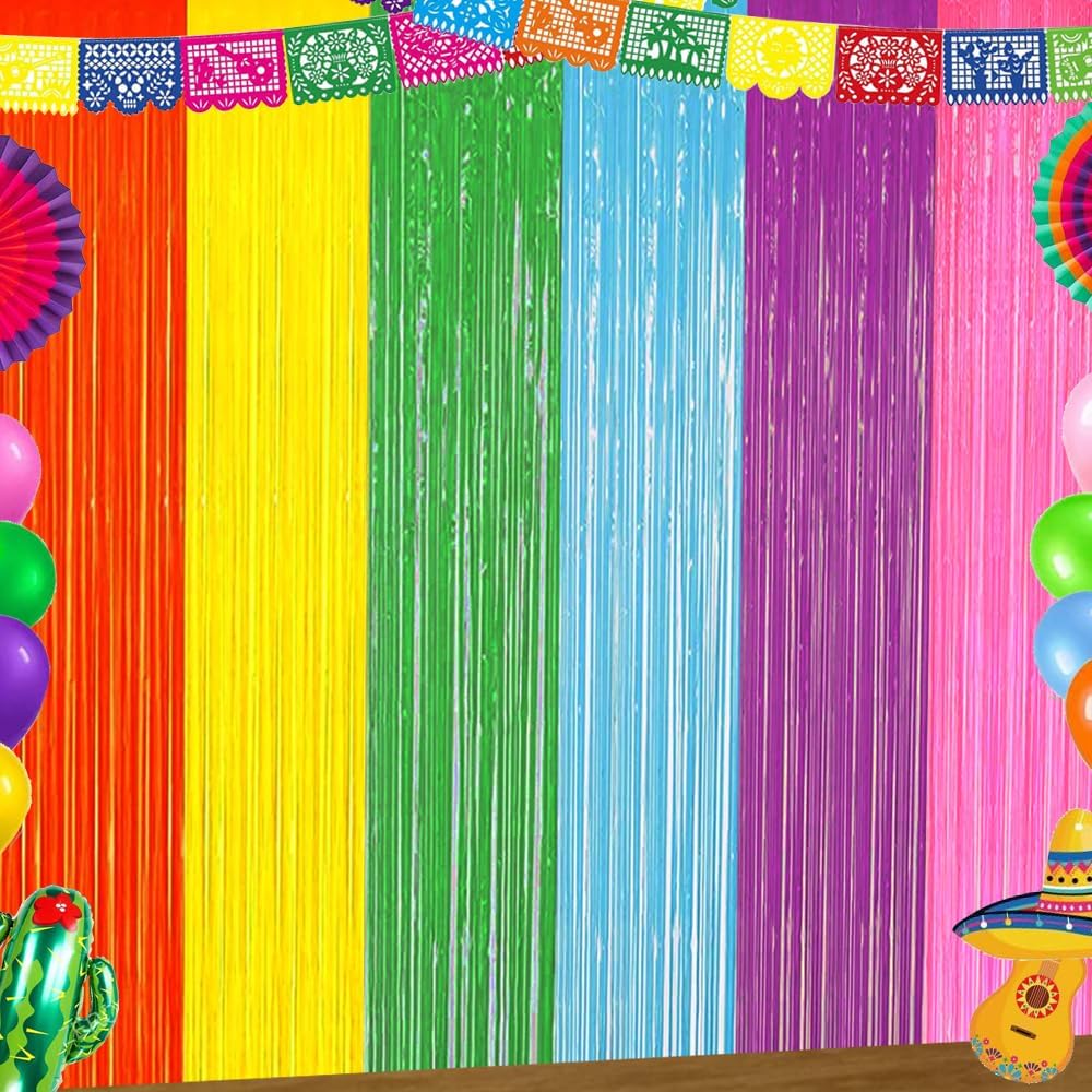 Cinco de Mayo Decorations, Rainbow Fringe Bckdrop Fiesta Taco Themed Streamer Backdrop for Mexican Dia De Los Muertos Spain Taco Birthday Party Decorations (3 Pack)