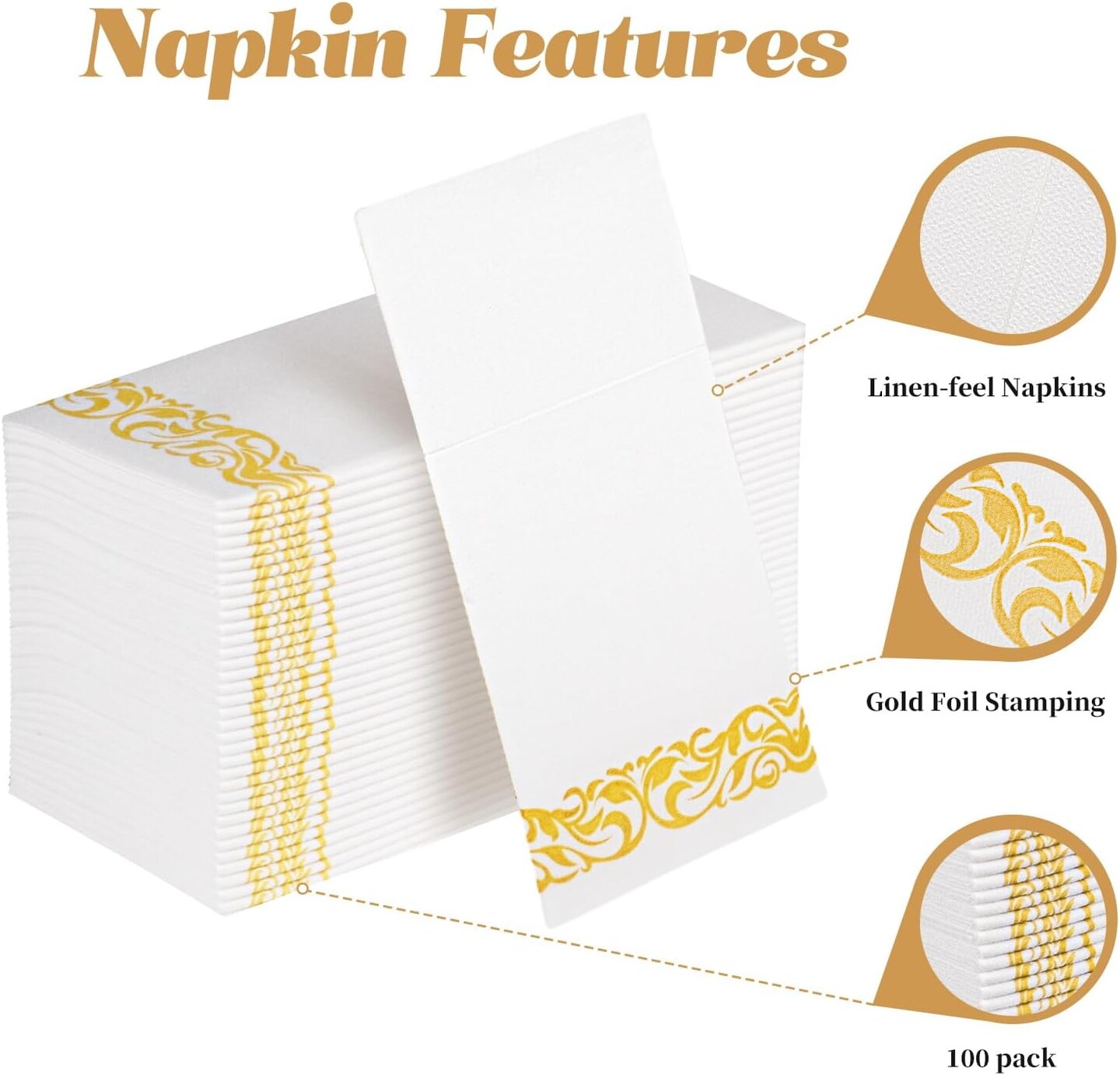 White Dinner Paper Napkins with Pocket Disposable 100 Pack Yellow Trim Linen Feel Wedding Reception Napkins Hand Paper Towels Folded Lunch Napkins for Party, Bathroom (16 x 16 inch)
