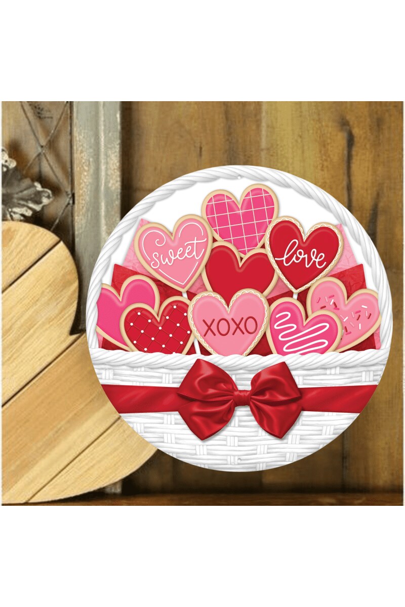 12&#x22; Round Metal Sign: Basket Valentine Cookies
