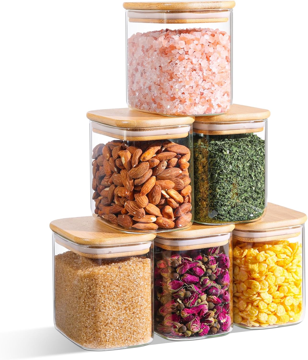 26oz Rectangle Glass Storage Containers with Lids, Glass Jars with Bamboo Lids, Clear Food Jar, Sugar Coffee Containers, Small Pantry Storage Container for Tea Candy Nuts Spices Oat