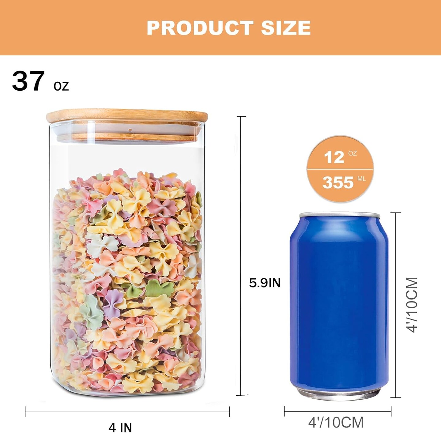 Glass Storage Jars 6 Pack 37oz Clear Glass Food Storage Containers with Airtight Bamboo Lid Stackable Kitchen Canisters for Candy,Cookie,Rice,Sugar,Flour,Pasta,Nuts and Spice Jars(Square)