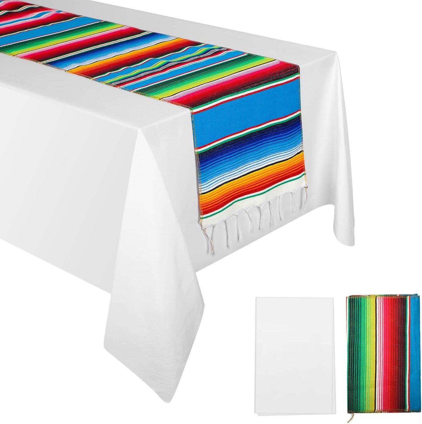 2 Pcs Mexican Fiesta Tablecloth 54 x 108&#x27;&#x27; with Table Runners 13.5 x 108 Fabric Rectangle Cotton Blanket Polyester Striped Cover for Cinco De Mayo Fiesta (White)