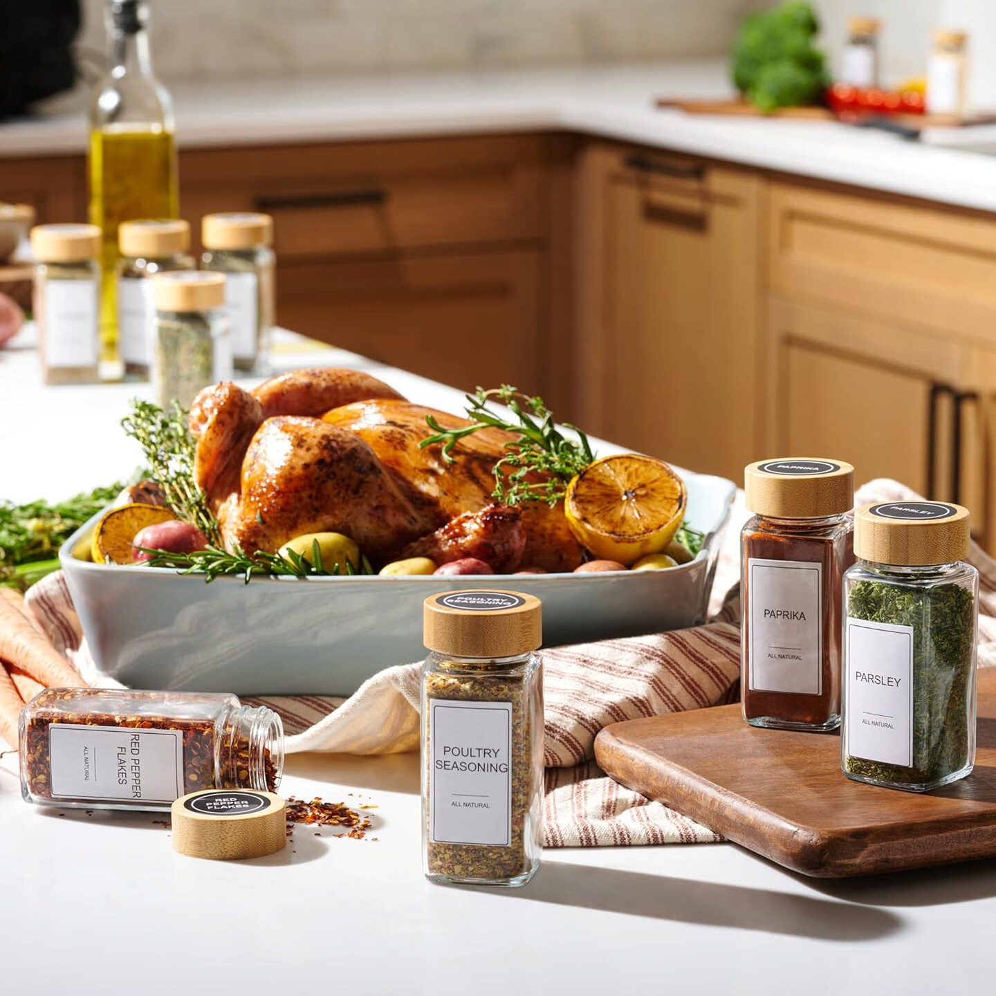 Glass Spice Jars with Label Set, Bamboo Lids &#x26; Funnel - Kitchen Airtight Storage Jars with Lids - Spices and Seasonings Sets Organizer, Spice Glass Jar with Lid Food Canister Bottle Sugar Shaker