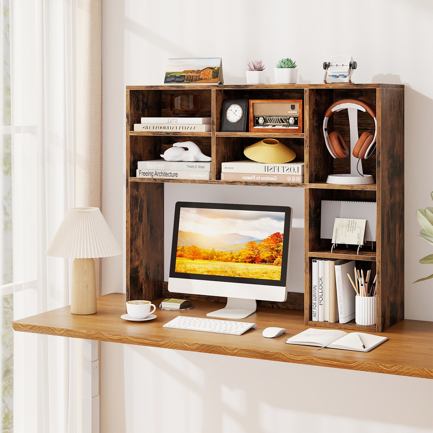 7-Cubby Desktop Bookshelf with Adjustable Shelves for Books and Office Supplies