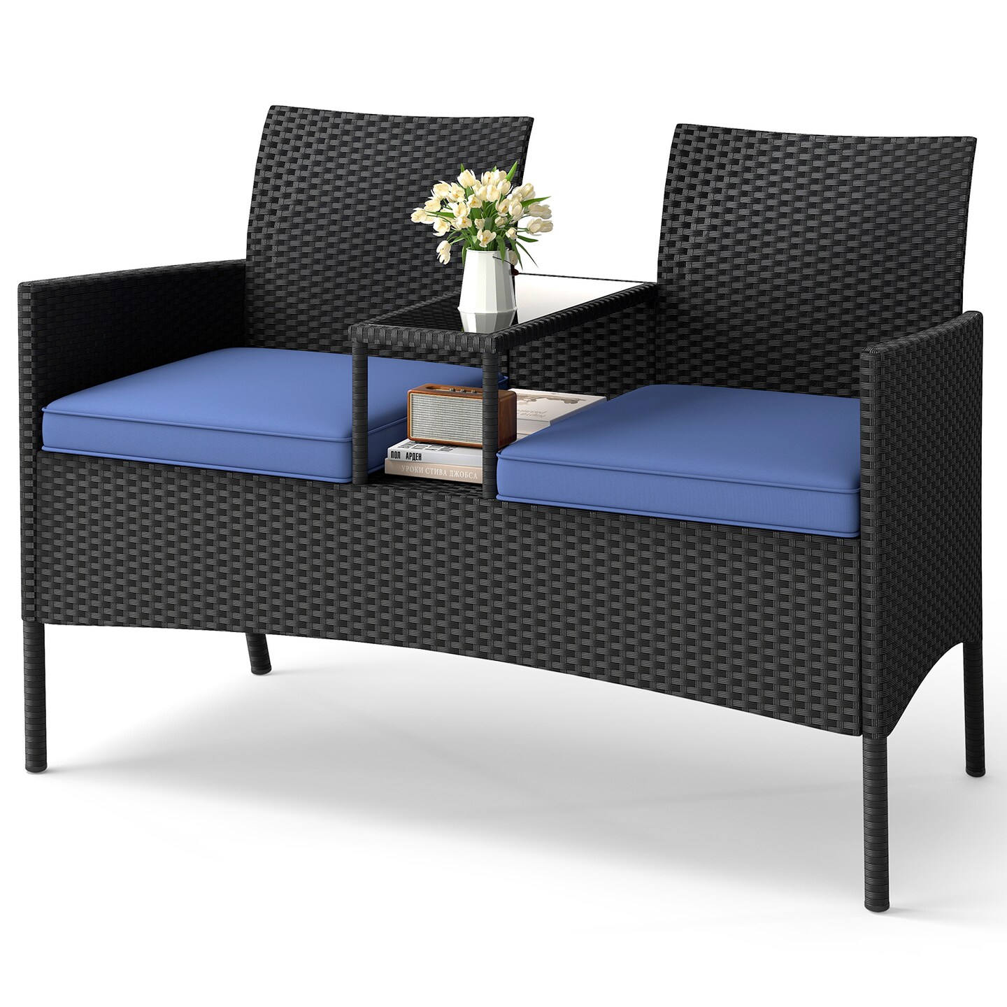 Black PE Rattan Loveseat with Cushions, Built-In Coffee Table and 2-Tier Storage